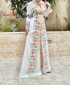 2 Pieces White Moroccan Like Kaftan Dress with Palestinian Embroidery