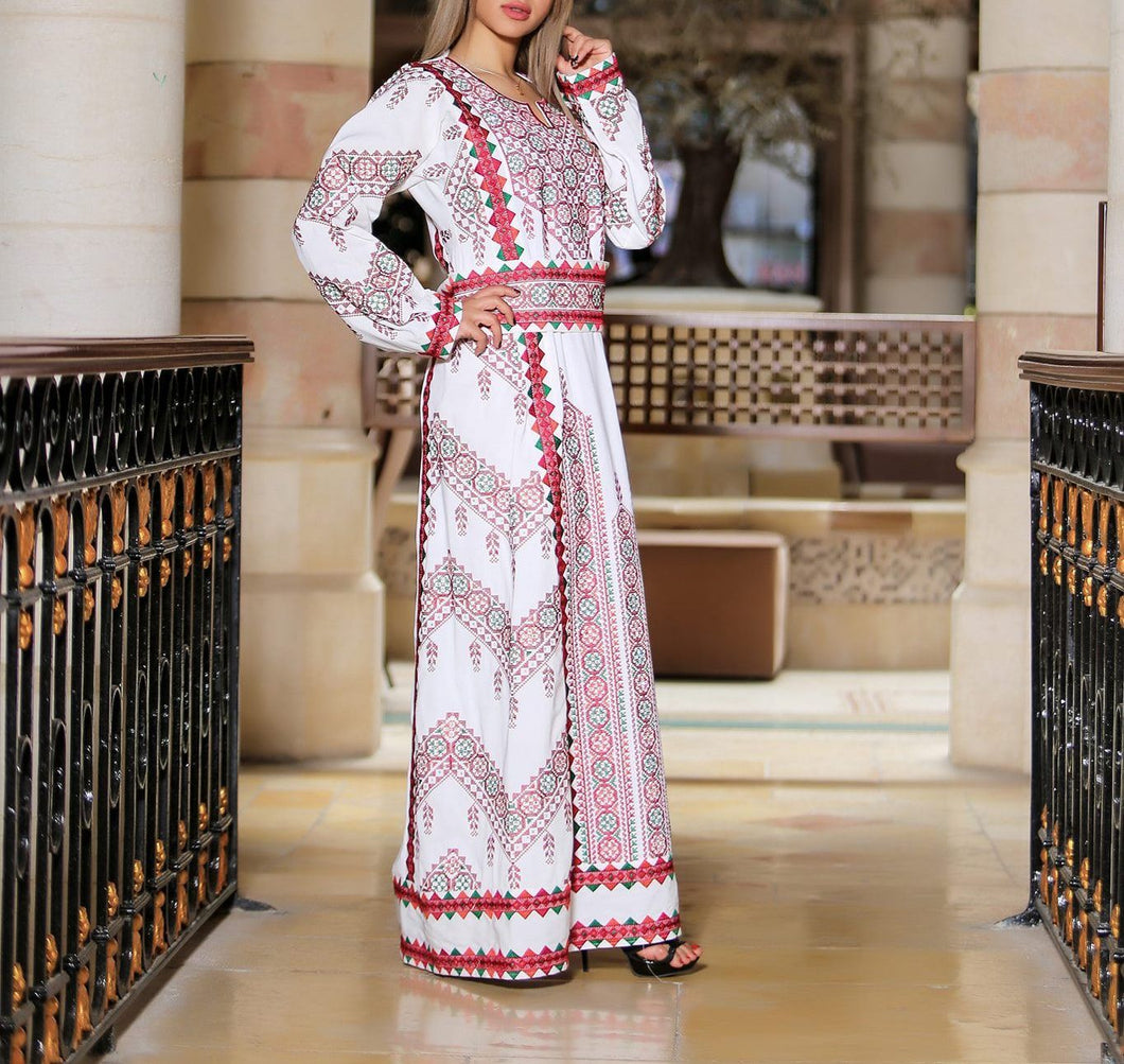 Manajil Samer Palestinian Embroidered White Thobe Maxi Dress Long Sleeves Kaftan Palestinian Embroidery