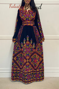 Manajil Palestinian Red Embroidered Floral Thobe Dress Palestinian Embroidery