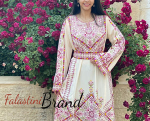 Manajil Off-White Palestinian Embroidered Floral Thobe Dress Palestinian Embroidery