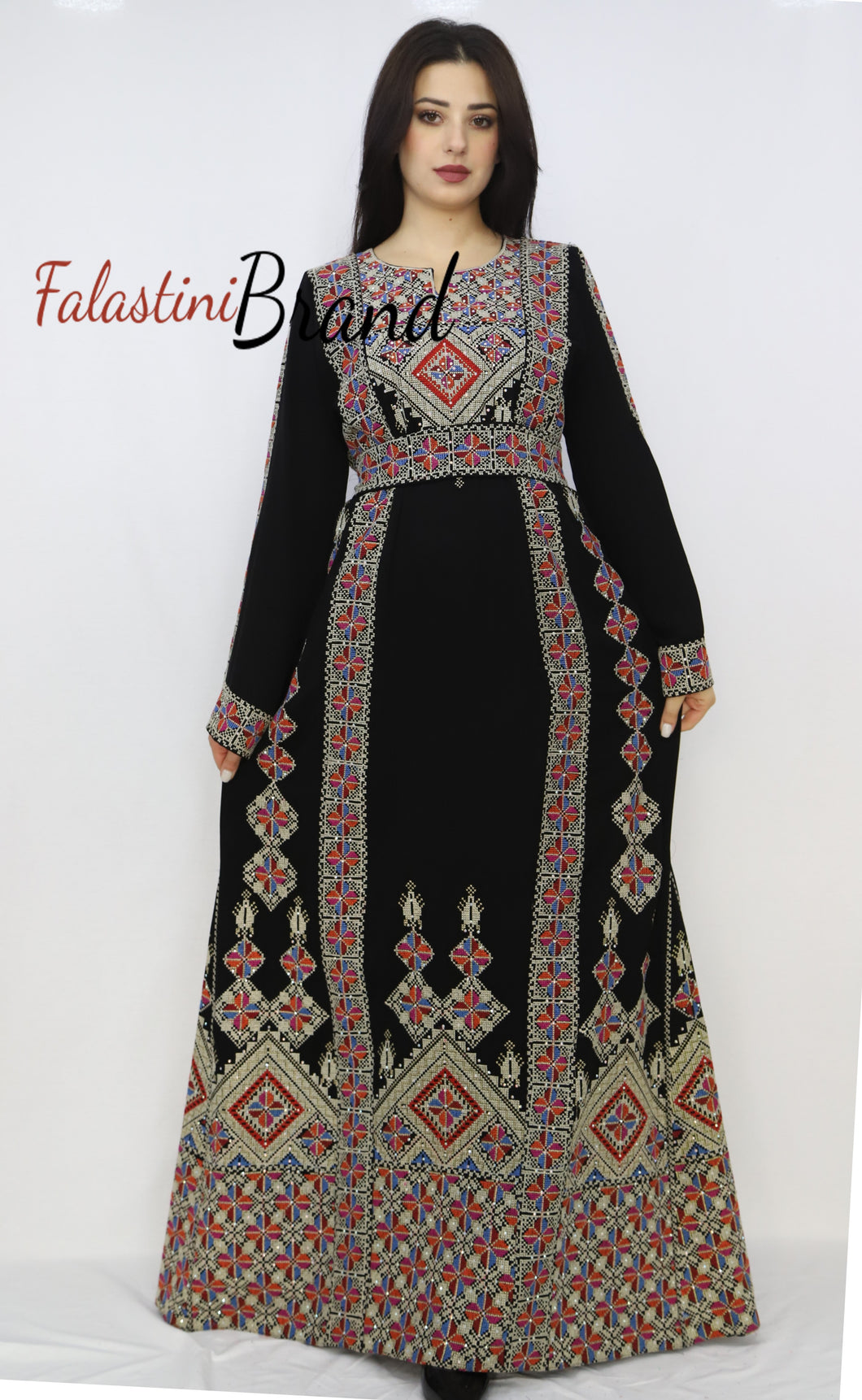 Unique Diamond Silver Embroidered Palestinian Dress