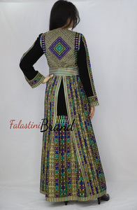 Charming Palestinian Embroidered Golden Green Thobe Dress Palestinian Embroidery