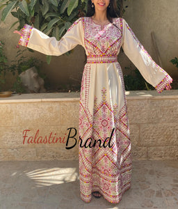 Manajil Off-White Palestinian Embroidered Floral Thobe Dress Palestinian Embroidery