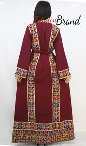 Classy Burgundy Palestinian Embroidered Thobe Dress With Multicolored Embroidery