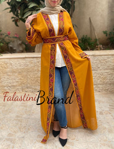 Mustard Malak Design Abaya with Flowers Embroidery