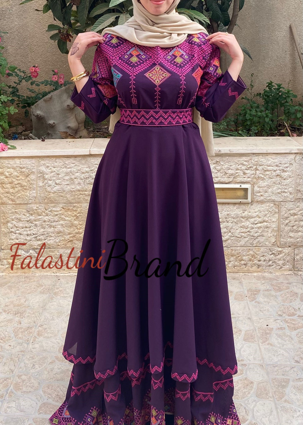 Elegant Purple Palestinian Embroidered Cloche Layered Dress