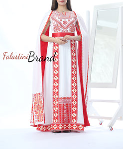 Stunning White And Red Royal Sleeve Palestinian Embroidered Dress