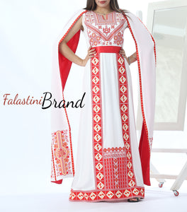 Stunning White And Red Royal Sleeve Palestinian Embroidered Dress