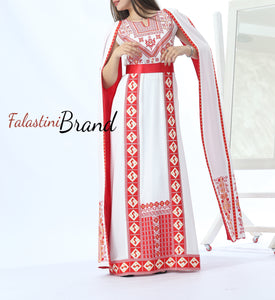 Stunning White And Red Royal Sleeve Palestinian Embroidered Dress