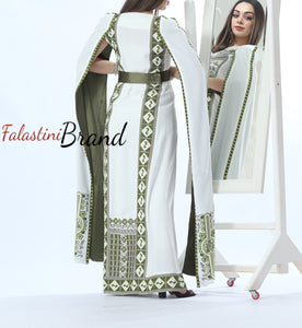 Stunning White And Green Royal Sleeve Palestinian Embroidered Dress