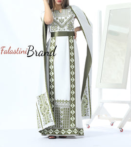 Stunning White And Green Royal Sleeve Palestinian Embroidered Dress