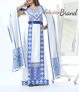 Stunning White And Blue Royal Sleeve Palestinian Embroidered Dress