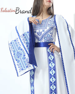 Stunning White And Blue Royal Sleeve Palestinian Embroidered Dress