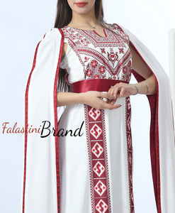 Stunning White And Burgundy Royal Sleeve Palestinian Embroidered Dress