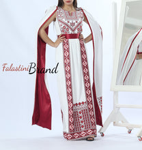 Stunning White And Burgundy Royal Sleeve Palestinian Embroidered Dress