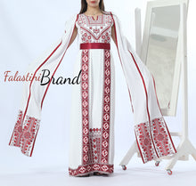 Stunning White And Burgundy Royal Sleeve Palestinian Embroidered Dress