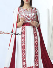 Stunning White And Burgundy Royal Sleeve Palestinian Embroidered Dress