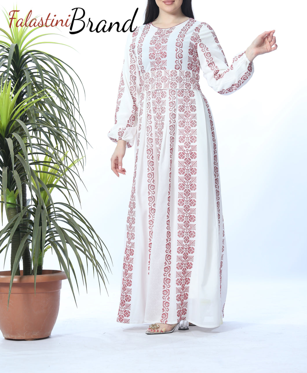 Stunning Multi Lines White And Red Palestinian Embroidered Thobe Dress Palestinian Design And Embroidery