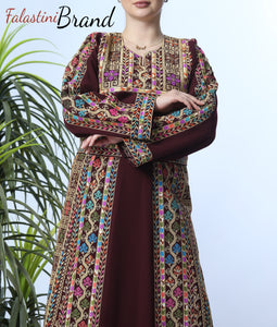 Amazing Burgundy Manajil Palestinian Embroidered Thobe Dress With Astonishing Embroidery