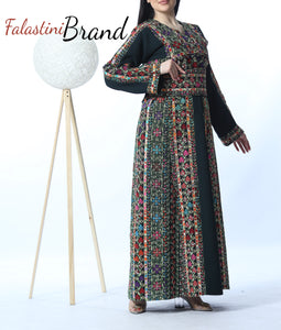 Amazing Dark Green Manajil Palestinian Embroidered Thobe Dress With Astonishing Embroidery