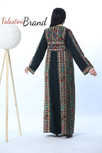 Amazing Dark Green Manajil Palestinian Embroidered Thobe Dress With Astonishing Embroidery