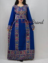 Classy Royal Blue Palestinian Embroidered Thobe Dress With Multicolored Embroidery