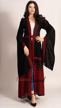 Wonderful Palestinian Black & Red Georgette Embroidered Open Abaya Long Slit Sleeve