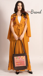 Stunning Ochre Georgette Embroidered Open Cape Abaya