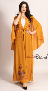 Stunning Ochre Georgette Embroidered Open Cape Abaya