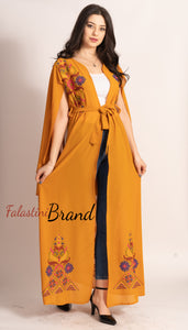 Stunning Ochre Georgette Embroidered Open Cape Abaya