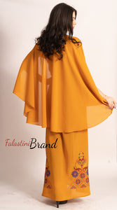 Stunning Ochre Georgette Embroidered Open Cape Abaya