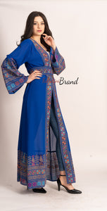 Breathtaking Palestinian Blue Georgette Embroidered Open Abaya Dress Long Sleeve With Stylish Embroidery