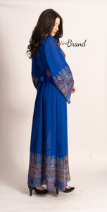 Breathtaking Palestinian Blue Georgette Embroidered Open Abaya Dress Long Sleeve With Stylish Embroidery