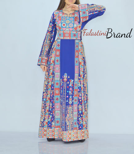 Amazing Blue Malak Palestinian Embroidered Thobe Dress With Astonishing Embroidery