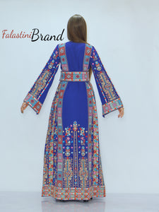 Amazing Blue Malak Palestinian Embroidered Thobe Dress With Astonishing Embroidery