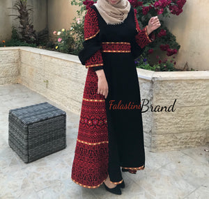 Gorgeous Black Long Dress Long Sleeve Red Embroidered Back