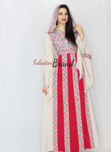 Stylish Cream Color Red Stripes Palestinian Embroidered Dress Thobe