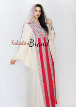 Stylish Cream Color Red Stripes Palestinian Embroidered Dress Thobe