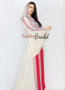 Stylish Cream Color Red Stripes Palestinian Embroidered Dress Thobe