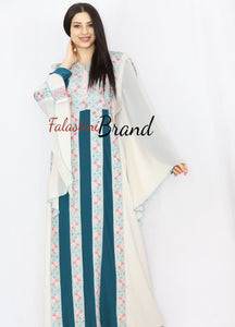 Stylish Cream Color Turquoise  Stripes Palestinian Embroidered Dress Thobe