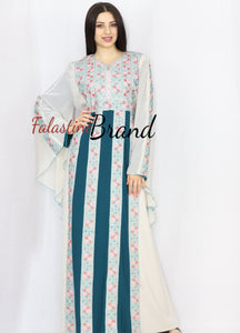 Stylish Cream Color Turquoise  Stripes Palestinian Embroidered Dress Thobe