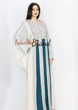 Stylish Cream Color Turquoise  Stripes Palestinian Embroidered Dress Thobe