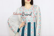 Stylish Cream Color Turquoise  Stripes Palestinian Embroidered Dress Thobe