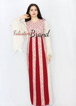 Stylish Cream Color Burgundy Stripes Palestinian Embroidered Dress Thobe