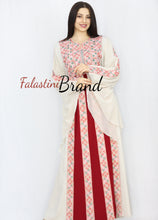 Stylish Cream Color Burgundy Stripes Palestinian Embroidered Dress Thobe