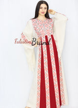 Stylish Cream Color Burgundy Stripes Palestinian Embroidered Dress Thobe