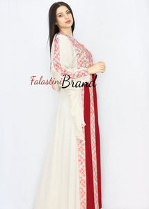 Stylish Cream Color Burgundy Stripes Palestinian Embroidered Dress Thobe