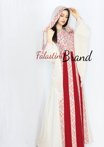 Stylish Cream Color Burgundy Stripes Palestinian Embroidered Dress Thobe