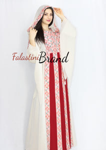 Stylish Cream Color Burgundy Stripes Palestinian Embroidered Dress Thobe