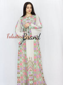 Elegant Cream Color Greenish Palestinian Embroidered Dress Thobe